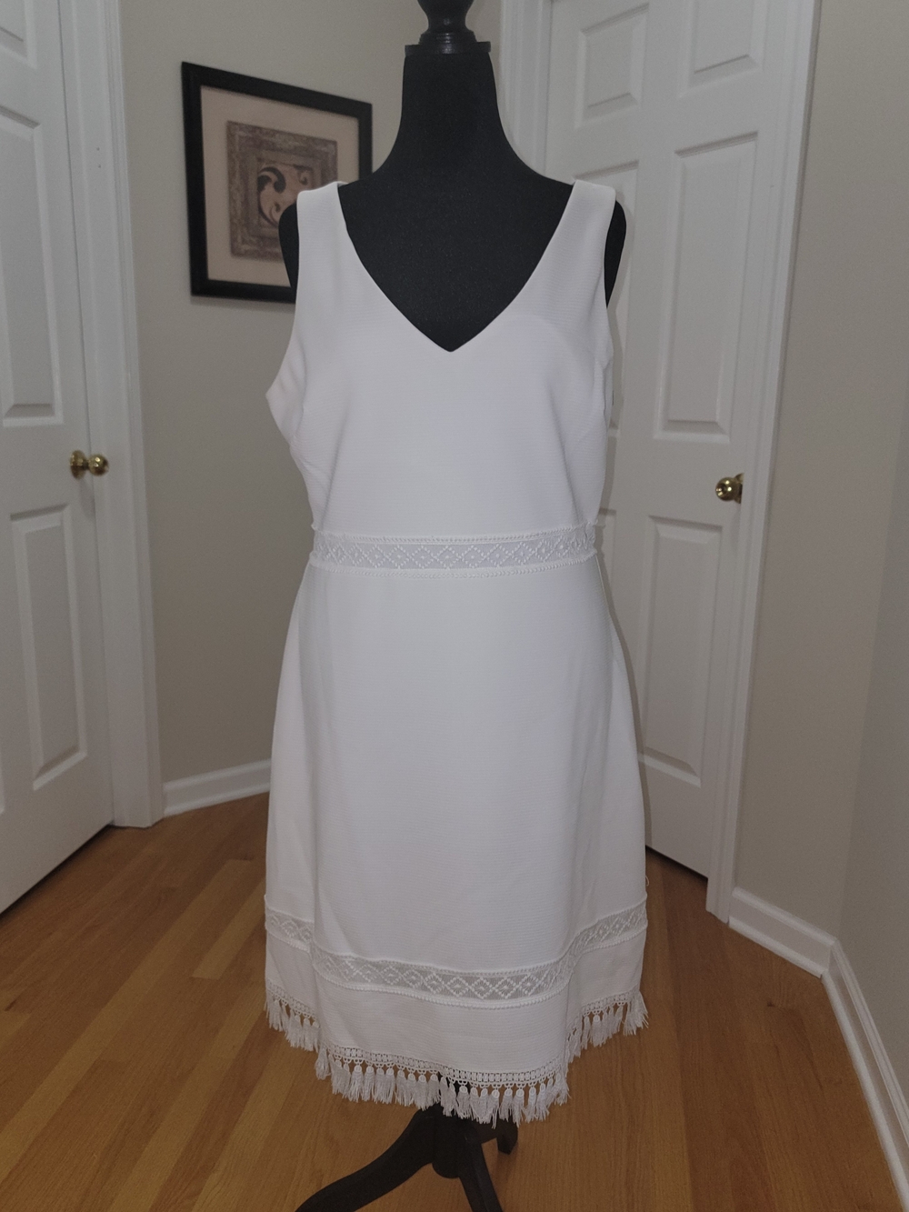 Kensie White V-Neck Sleeveless Fringe Hem Mini Dress